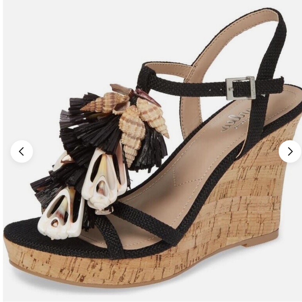 Charles by Charles David La Jolla black Rafia platform wedge sandal with shells